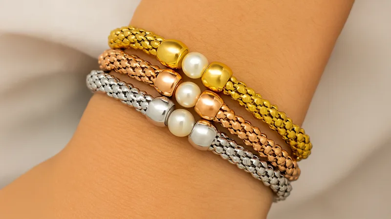 SteelTime 3-Piece 18K Tri-Tone Stainless Steel Plated Popcorn Chain Bracelets