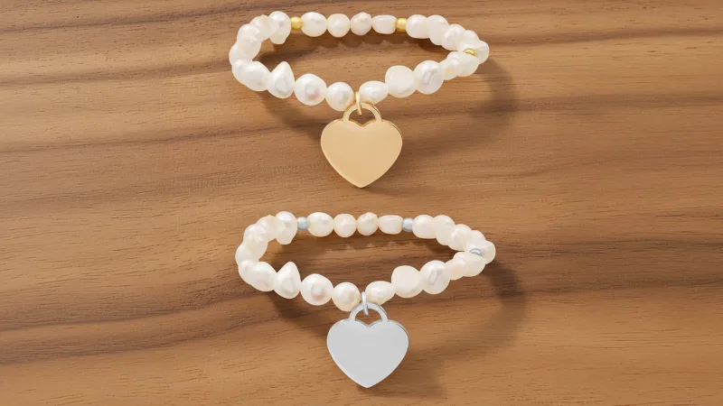 Steeltime 2 Pulseras Elásticas Perlas de Agua Dulce Corazón