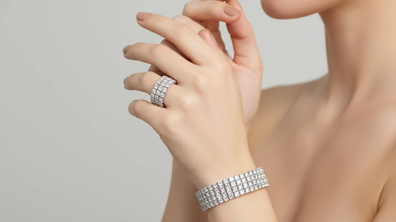 Steeltime Juego de Pulsera y Anillo Ajustables de Múltiples Filas con Diamantes