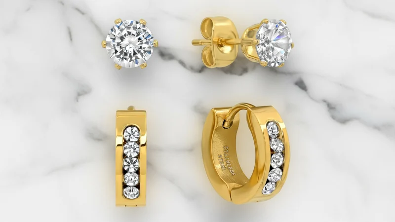 Steeltime Pendientes Hombre Studs Redondos y Huggie Diamantes Simulados