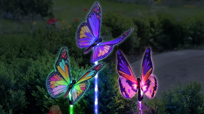 2-Pack: Exhart Set of 6 Solar Large Fabric Butterfly Garden Stake with LEDs