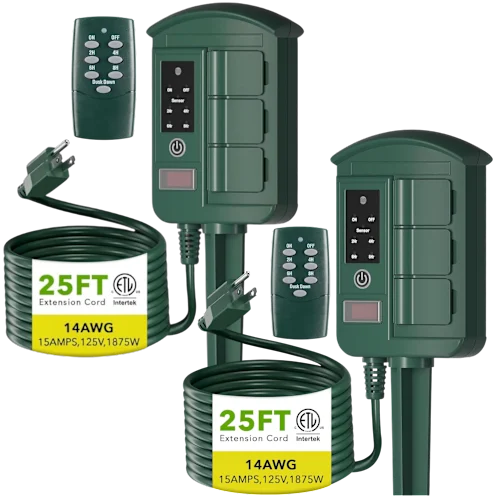 2-Pack 6-Outlet Light Sensing 25FT Outdoor Power Stake w/ Remote