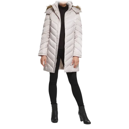 Kenneth Cole Women's Mid-Length Chevron Quilted Puffer Jacket with Faux Fur Trim
