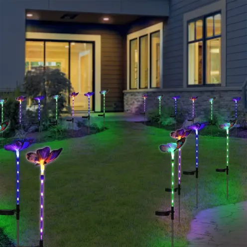 Set of 6 Exhart Solar Large Fabric Butterfly Garden Stake with LEDs