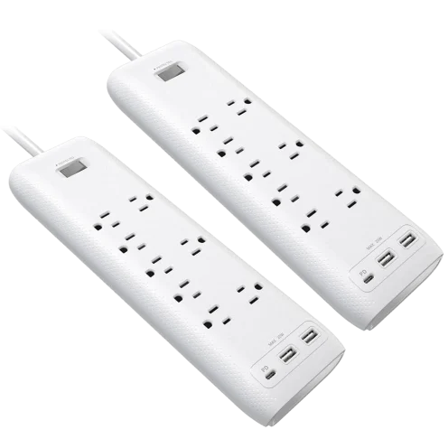 2-Pack 20W Clear Power 8-Outlet 2160J Surge Protector Power Strip
