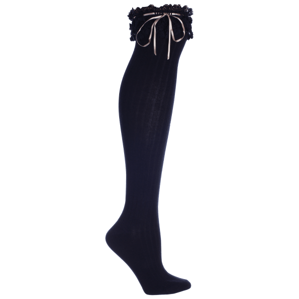 MinxNY Black Ribbed Knee-High Sock with Lace & Tan Ribbon