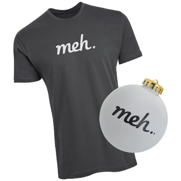 Heavy Metal Meh Logo Shirt and Meh Face White Ornament with Black Writing