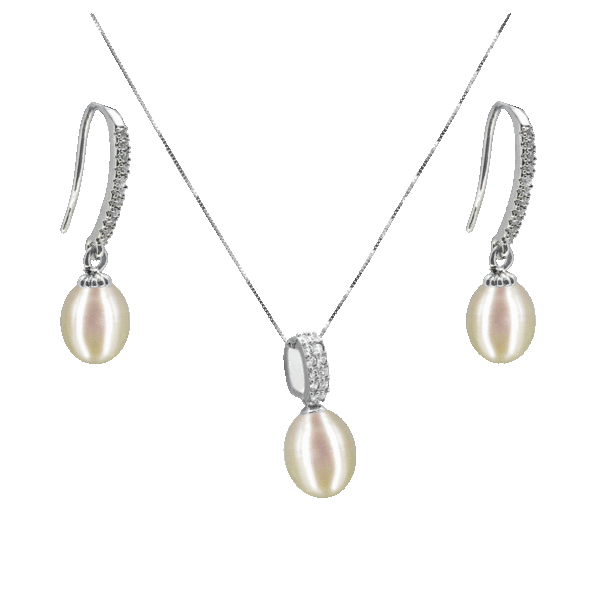 Pacific Pearls 18K White Gold Diamond Drop Earrings and Pendant Set