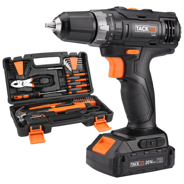 Tacklife 20V Cordless Drill with 2-Speed Hammer Drill and 60-piece Tool Kit