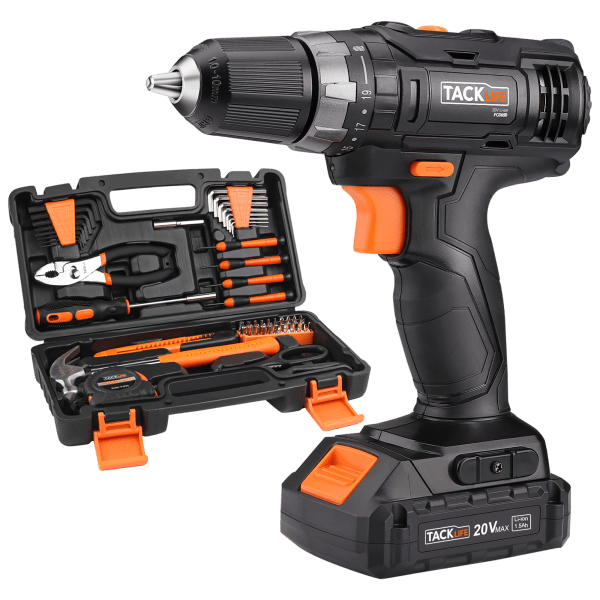 Tacklife 20V Cordless Drill with 60-piece Tool Kit