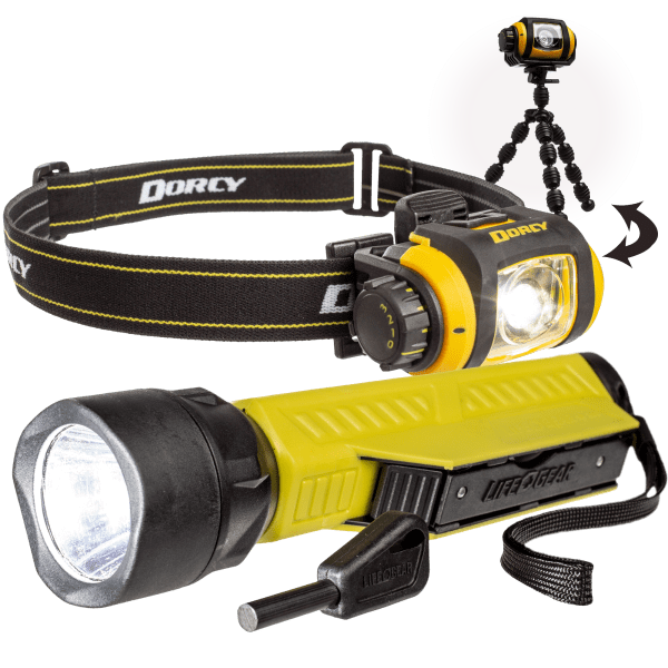 Life Gear Survival Flashlight Multi-Tool & Dorcy Headlamp with Tripod