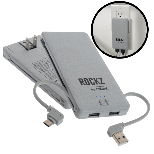2-Pack: Rockz 5000mah Power Banks with Integrated USB-C Cable and Wall Charger