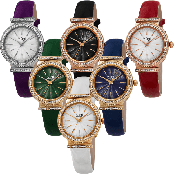 Burgi Leather Strap Watch with Swarovski Crystal Bezel
