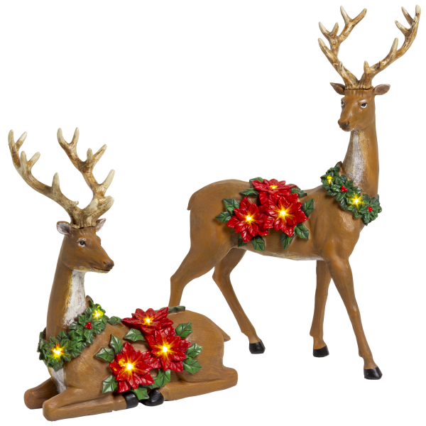 Winter Lane 2-Piece Illuminated Reindeer with Poinsettias