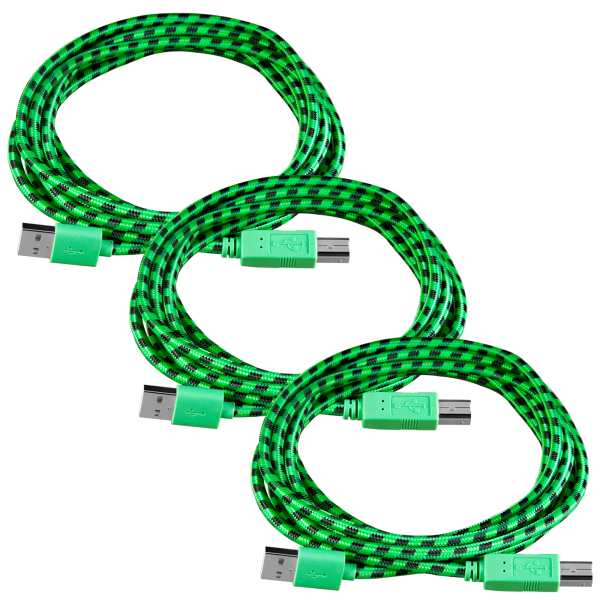 3-Pack of Evergreen 10' Green Braided USB-A to USB-B Peripheral Cables