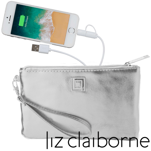 Liz Claiborne Silver Metallic Phone Charging Wristlets w/RFID Theft Protection