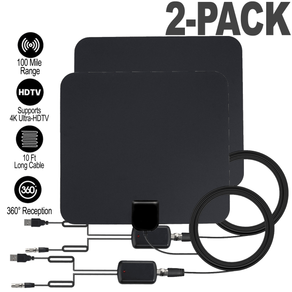 2-Pack Digital 100-Mile HD 360-Degree Super-Thin Amplified Antennas