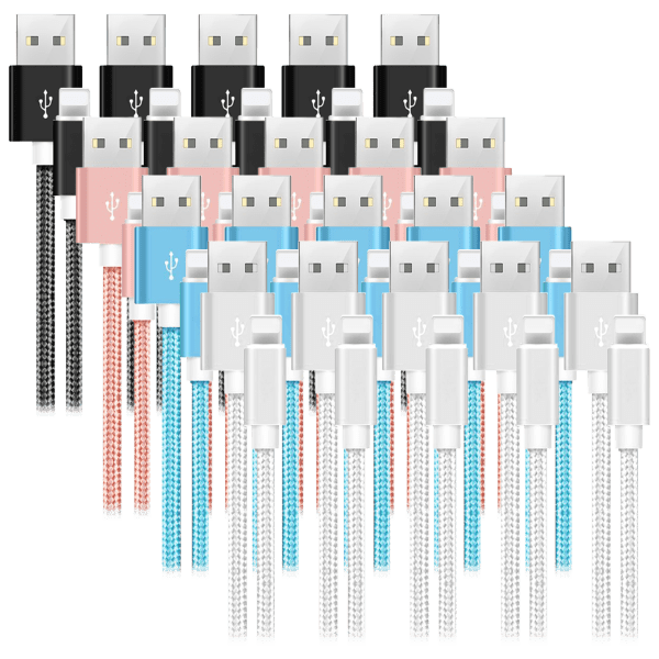 5-Pack: All 10ft Heavy Duty Braided Lightning Cables for Apple Devices