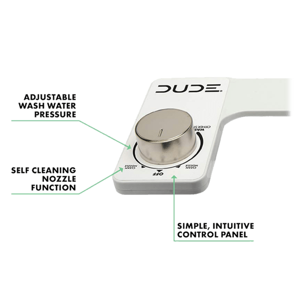 DUDE Wiper 1000 Bidet Attachment – Dual-Action Nozzle, Easy Install – White
