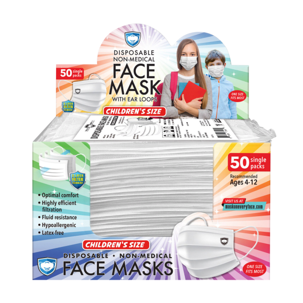 50-Count: Individually Wrapped Disposable 3-Ply Youth Face Masks