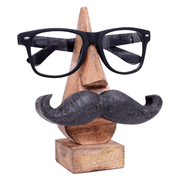 6-Inch Hand Carved Wooden Eyeglasses Holder with Black Mustache