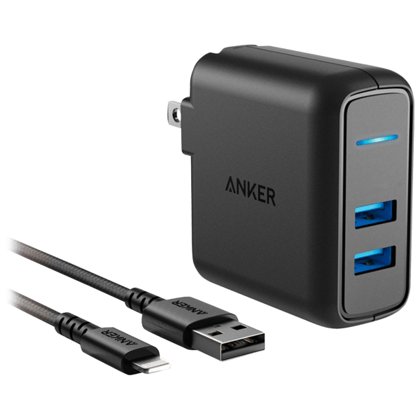 Anker PowerPort 24 Watt Charger with Two USB-A Ports and 3-Foot Lightning Cable