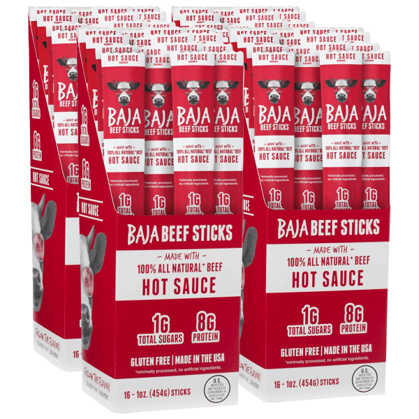 64-Pack: Baja Jerky Hot Sauce All-Natural Beef Sticks