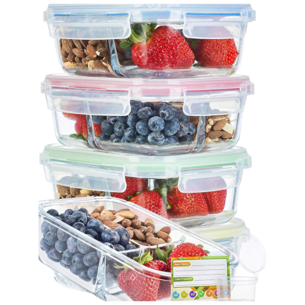 Hello Meal Prep 5-Piece 3-Compartment Leakproof Glass Storage Containers