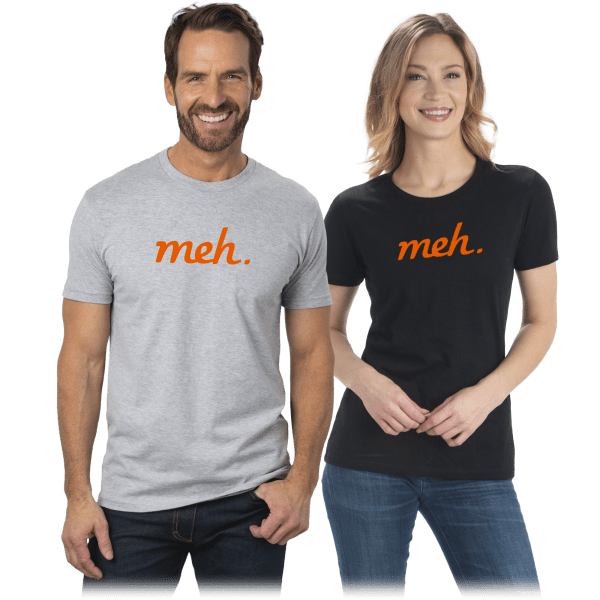 Orange Ink Meh Logo Shirts on Black or Heather Gray