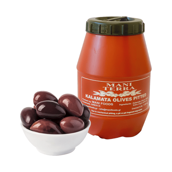 Mani Foods Imported Kalamata Greek Pitted Olives, 1.8kg Plastic Barrel