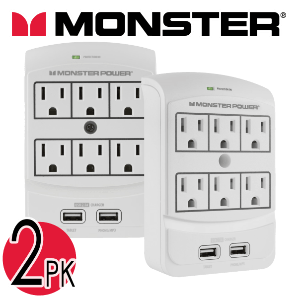 2-Pack Monster 6-Port Surge Protector Power Block with 2 USB Ports