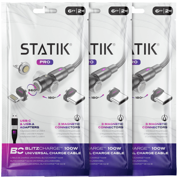 3-Pack: Statik 360 Pro 100W Universal Magnetic Charge Cable (6')
