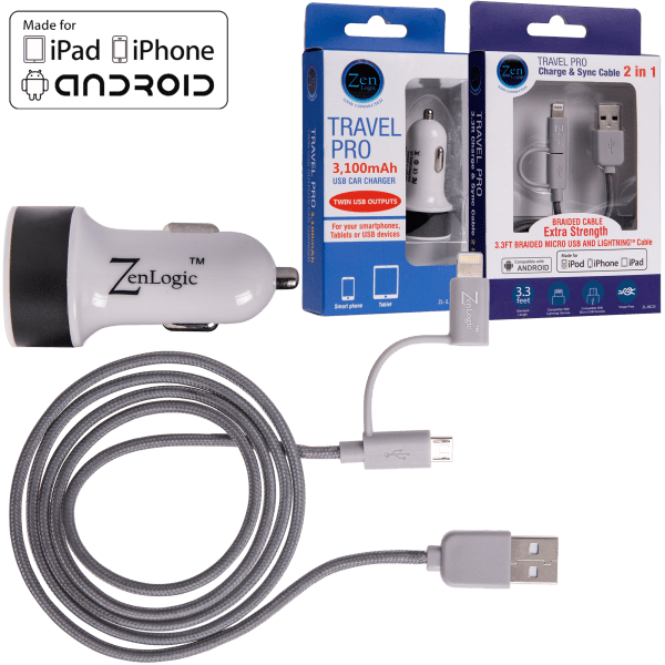 Dual Port USB Car Charger and Universal Charging Cable by Zen Logic
