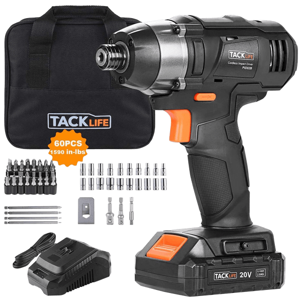 Tacklife 20V Cordless Impact Drill with 1/4" Hex Chuck and 60-piece Tool Kit