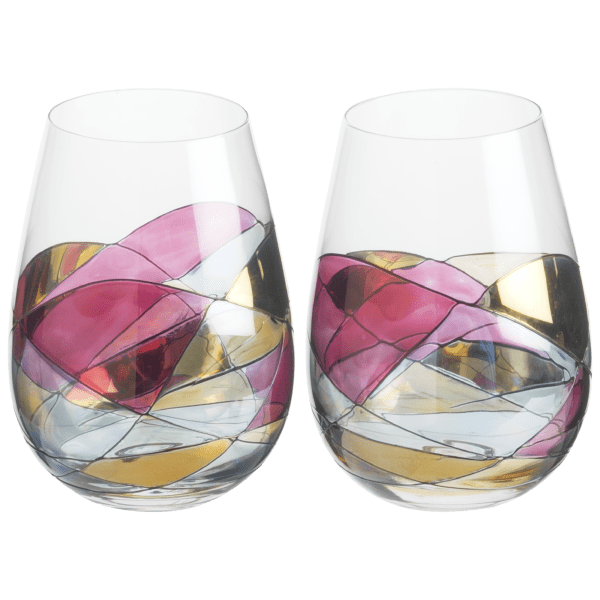 Stemless Wine Glasses 21Oz Hand Painted Mouth Blown Antoni