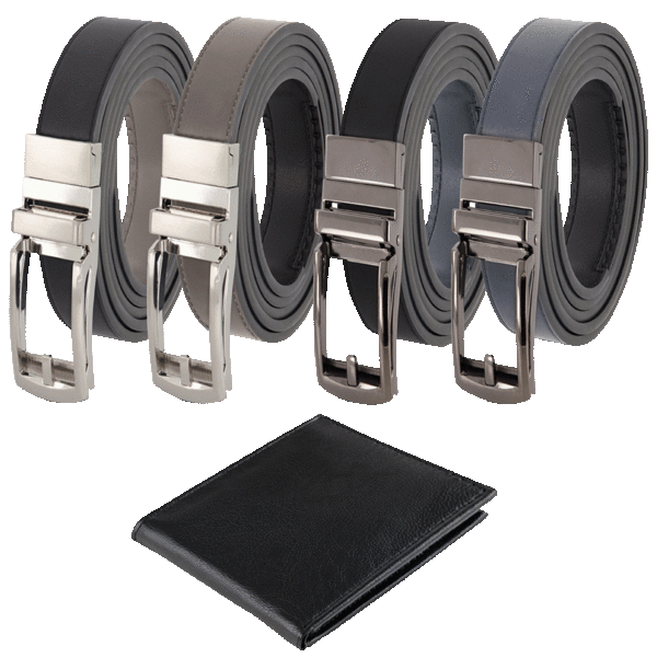 2-Pack: Men's Reversible Leather Adjustable Ratcheting Belts + Leather Wallet