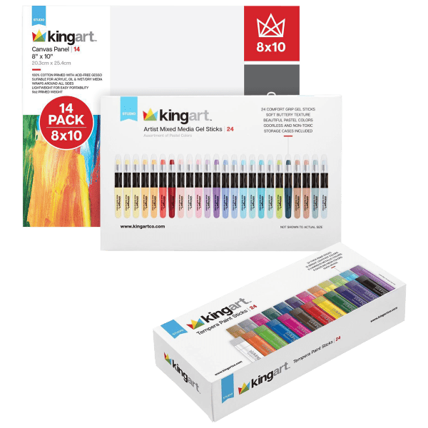 KingArt 62 Piece Tempera Paints + Pastel Gel Sticks + 8"x10" Canvas Panels Set