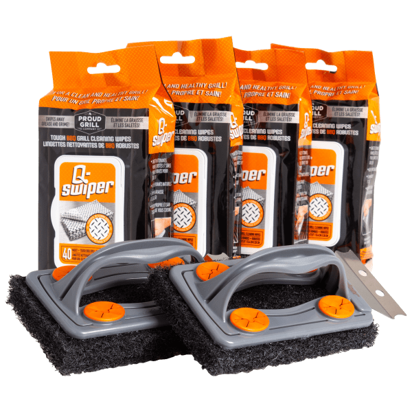 Q-Swiper BBQ Grill Cleaner Set - 1 Brush - 40 Cleaning Wipes - 2