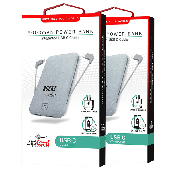 2-Pack: 5000mAh Powerbanks with Integrated USB-C Cable & Wall Plug
