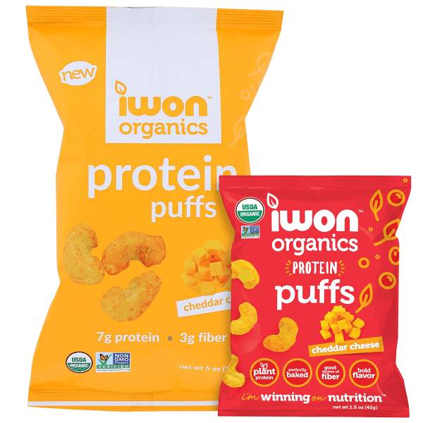 12- or 24-Pack: Iwon Organics Protein Cheddar Puffs
