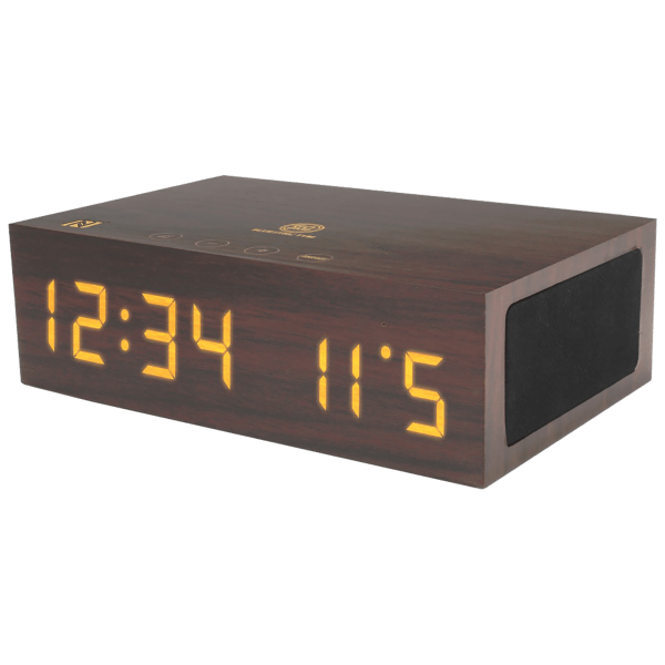 GoGroove TYM Wooden Digital LED Clock with Wireless Speaker and Device Charging