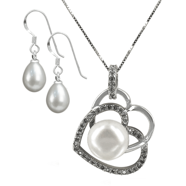 Diamond Encrusted Eternal Heart-Shaped Pearl Pendant And/Or Earrings