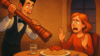 The waiter (holding a pepper grinder): Tell me when.