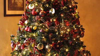 My Christmas tree is decorated with lights and: