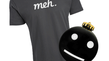 Heavy Metal Meh Logo Shirt and Meh Face Black Ornament with White Writing