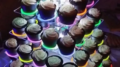 A glowing cupcake display