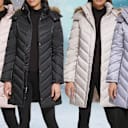 Kenneth Cole Mid-Length Chevron Quilted Puffer Jacket with Faux Fur Trim