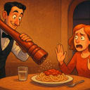 The waiter (holding a pepper grinder): Tell me when.