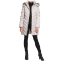 Kenneth Cole Mid-Length Chevron Quilted Puffer Jacket with Faux Fur Trim