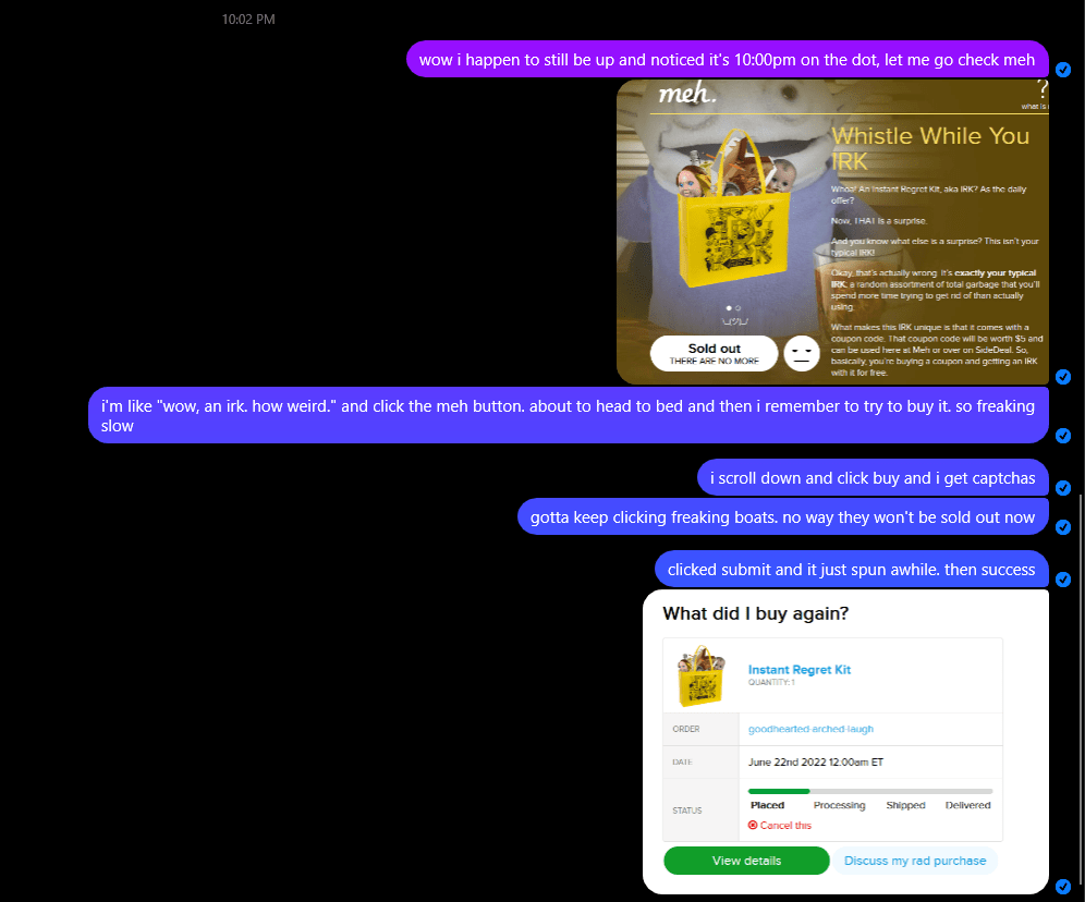 A chat where I tell my wife how long it took to buy my Irk but it wasn't sold out somehow